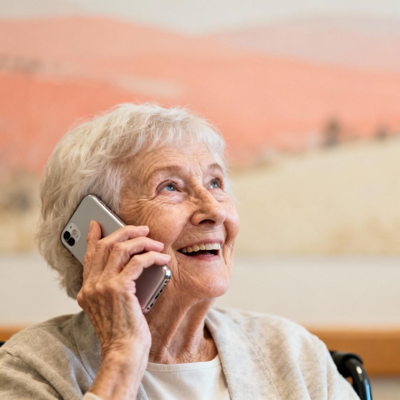 Elderly woman engaged in a delighted phone conversation, showing the companionship and connection Abila provides when family can't be there